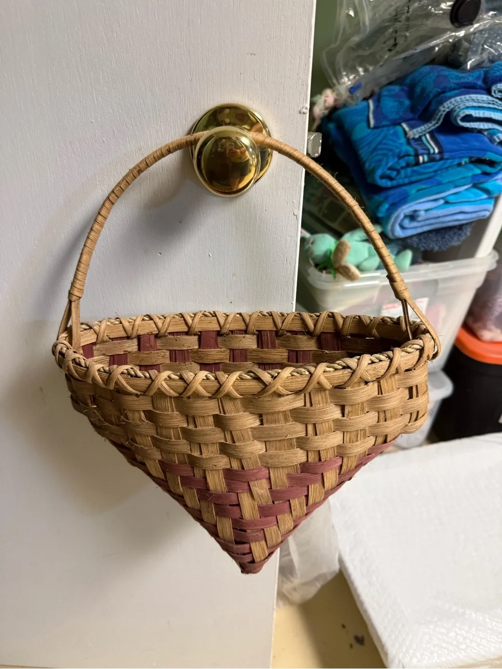 Vintage Hand Crafted Triangular Woven Wall Basket with Burgundy Accents Country